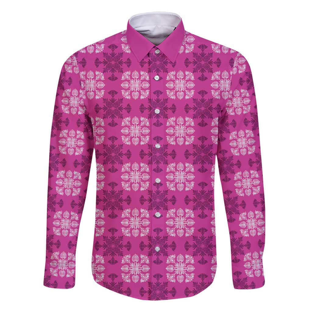 Pink Hawaiian Quilt Family Matching Summer Maxi Dress and Hawaiian Shirt Hawaii Pineapple Monstera Palaka Motifs - Polynesian Pride