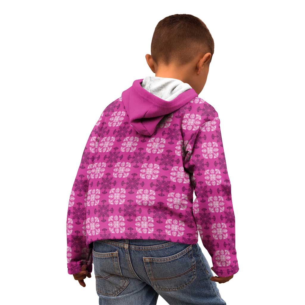 Pink Hawaiian Quilt Kid Hoodie Hawaii Pineapple Monstera Palaka Motifs - Polynesian Pride