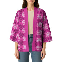 Pink Hawaiian Quilt Kimono Hawaii Pineapple Monstera Palaka Motifs - Polynesian Pride