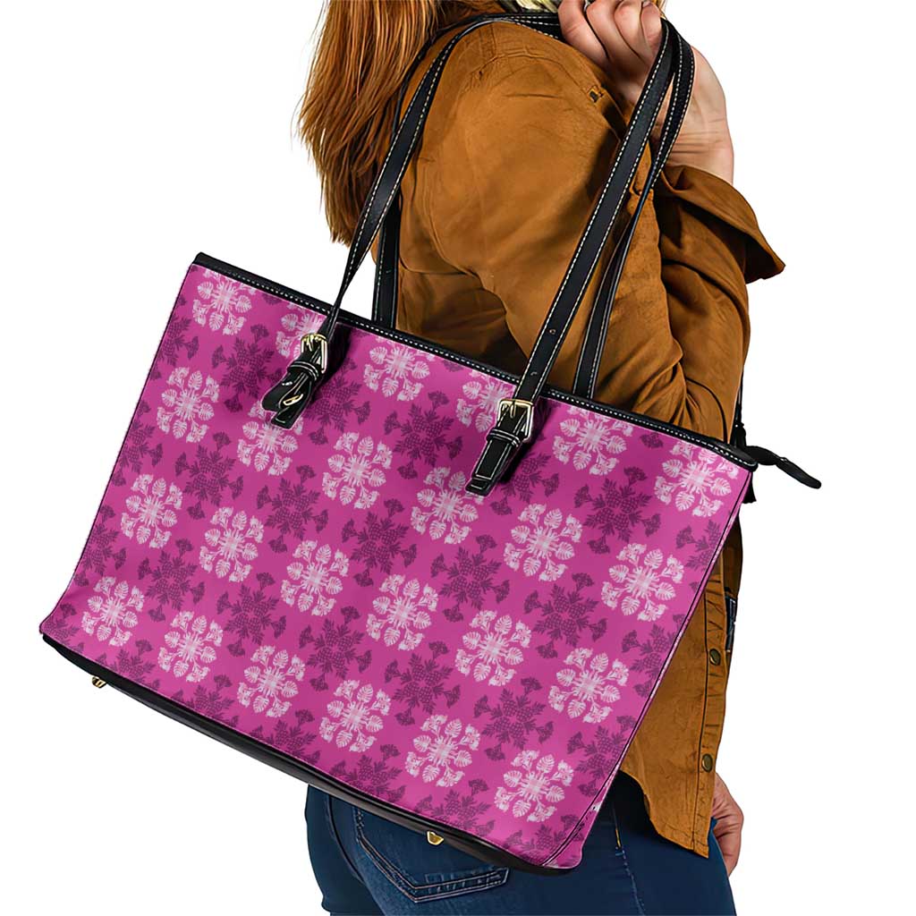 Pink Hawaiian Quilt Leather Tote Bag Hawaii Pineapple Monstera Palaka Motifs - Polynesian Pride