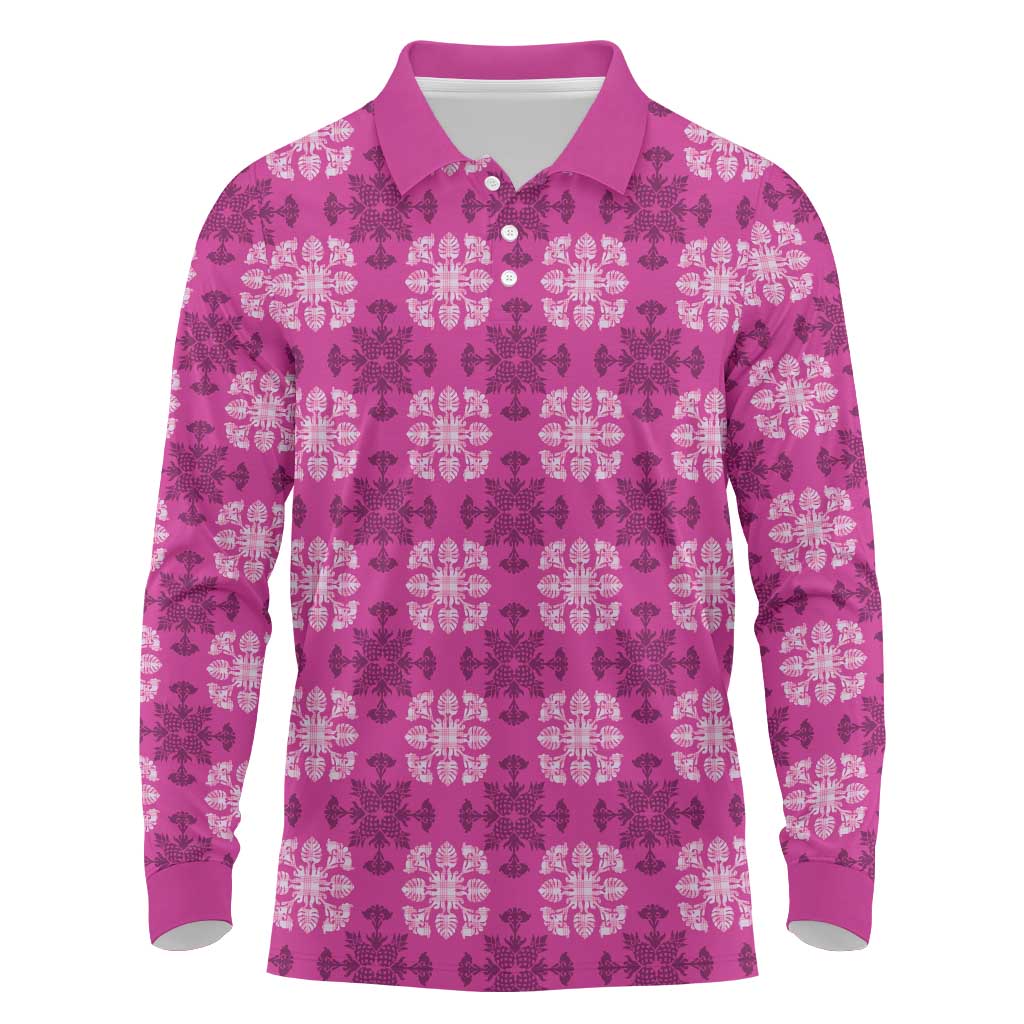 Pink Hawaiian Quilt Long Sleeve Polo Shirt Hawaii Pineapple Monstera Palaka Motifs - Polynesian Pride