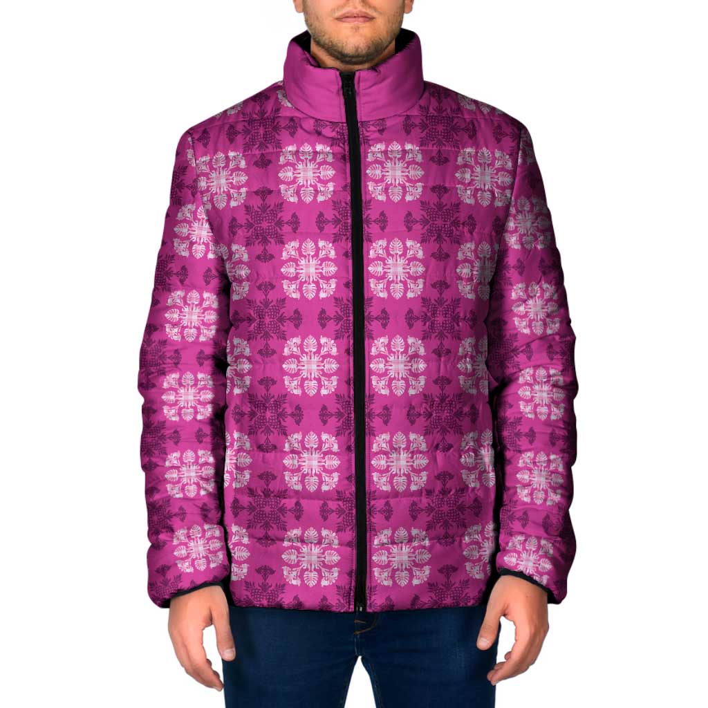 Pink Hawaiian Quilt Padded Jacket Hawaii Pineapple Monstera Palaka Motifs - Polynesian Pride