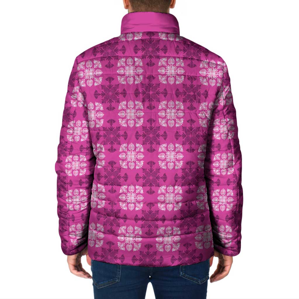 Pink Hawaiian Quilt Padded Jacket Hawaii Pineapple Monstera Palaka Motifs - Polynesian Pride