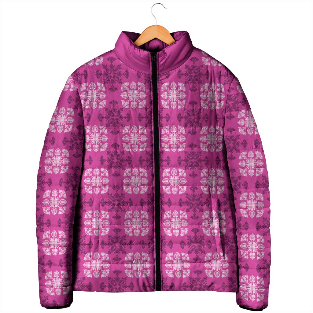 Pink Hawaiian Quilt Padded Jacket Hawaii Pineapple Monstera Palaka Motifs - Polynesian Pride