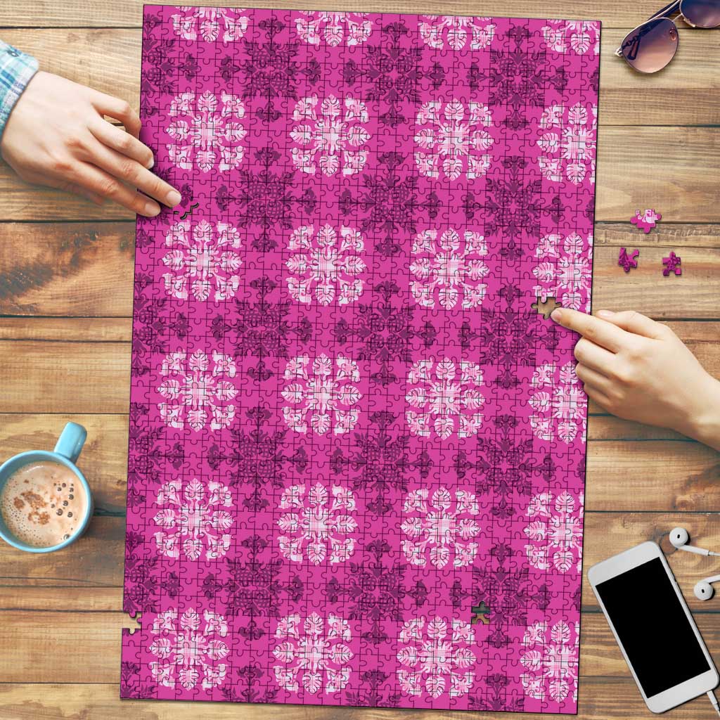 Pink Hawaiian Quilt Puzzle Hawaii Pineapple Monstera Palaka Motifs - Polynesian Pride