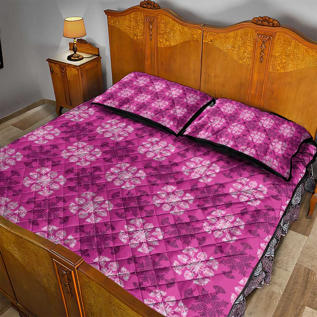 Pink Hawaiian Quilt Quilt Bed Set Hawaii Pineapple Monstera Palaka Motifs - Polynesian Pride