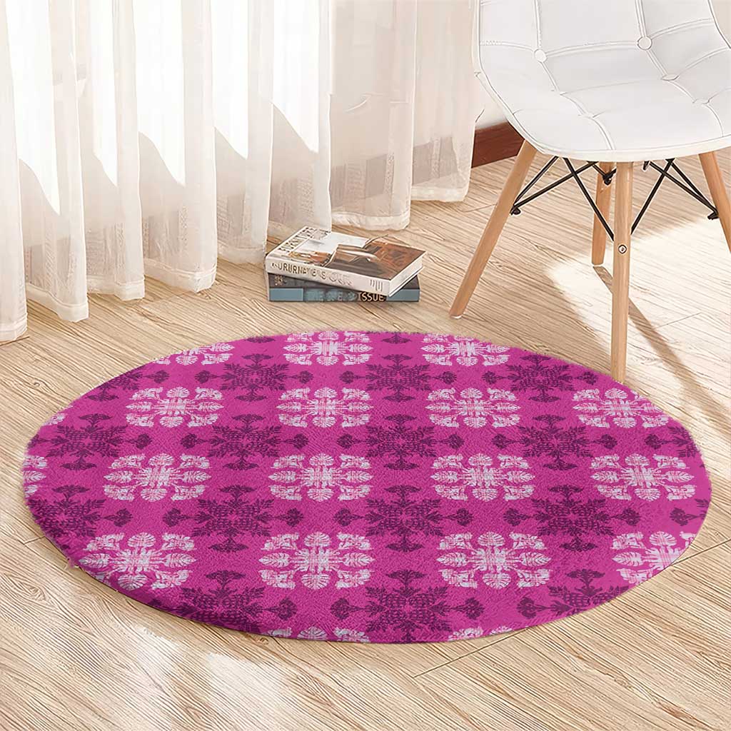 Pink Hawaiian Quilt Round Carpet Hawaii Pineapple Monstera Palaka Motifs - Polynesian Pride
