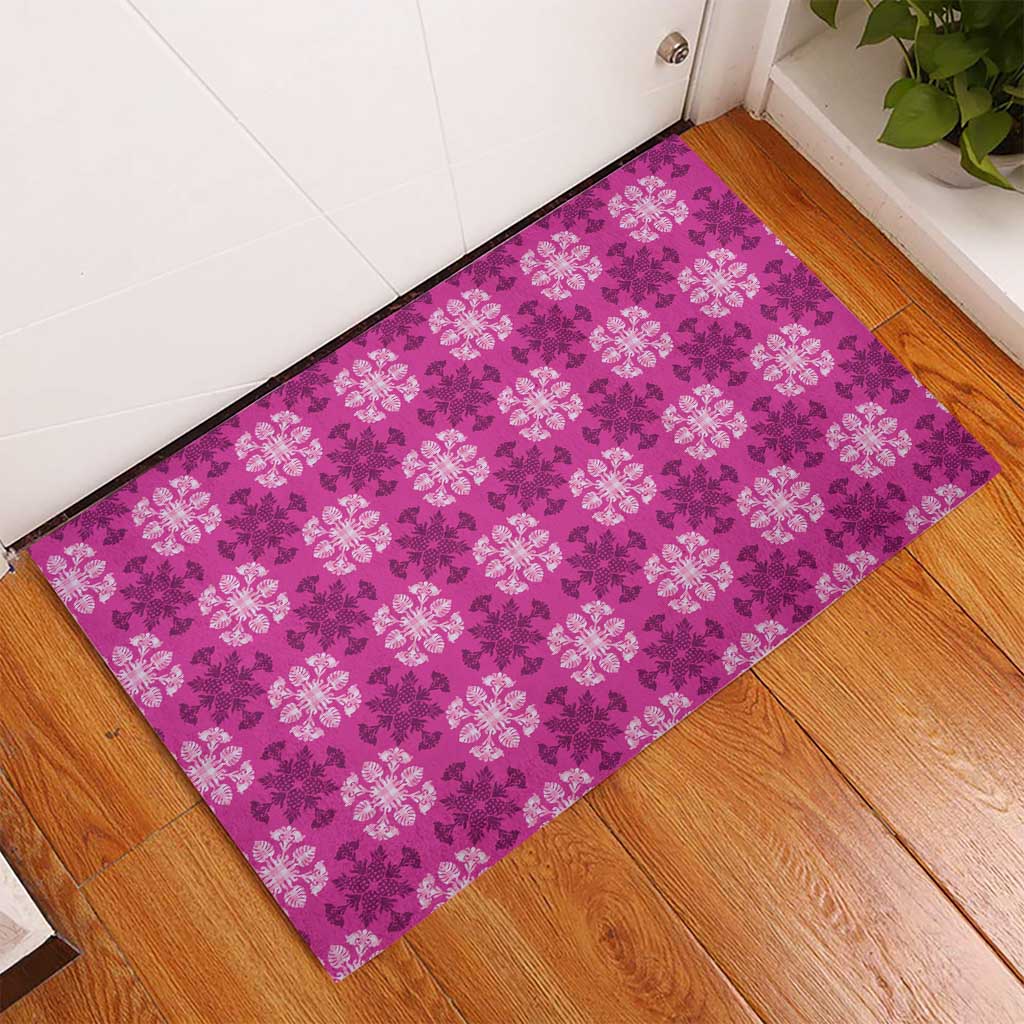 Pink Hawaiian Quilt Rubber Doormat Hawaii Pineapple Monstera Palaka Motifs - Polynesian Pride