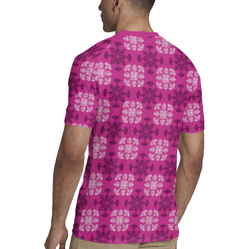 Pink Hawaiian Quilt Rugby Jersey Hawaii Pineapple Monstera Palaka Motifs - Polynesian Pride