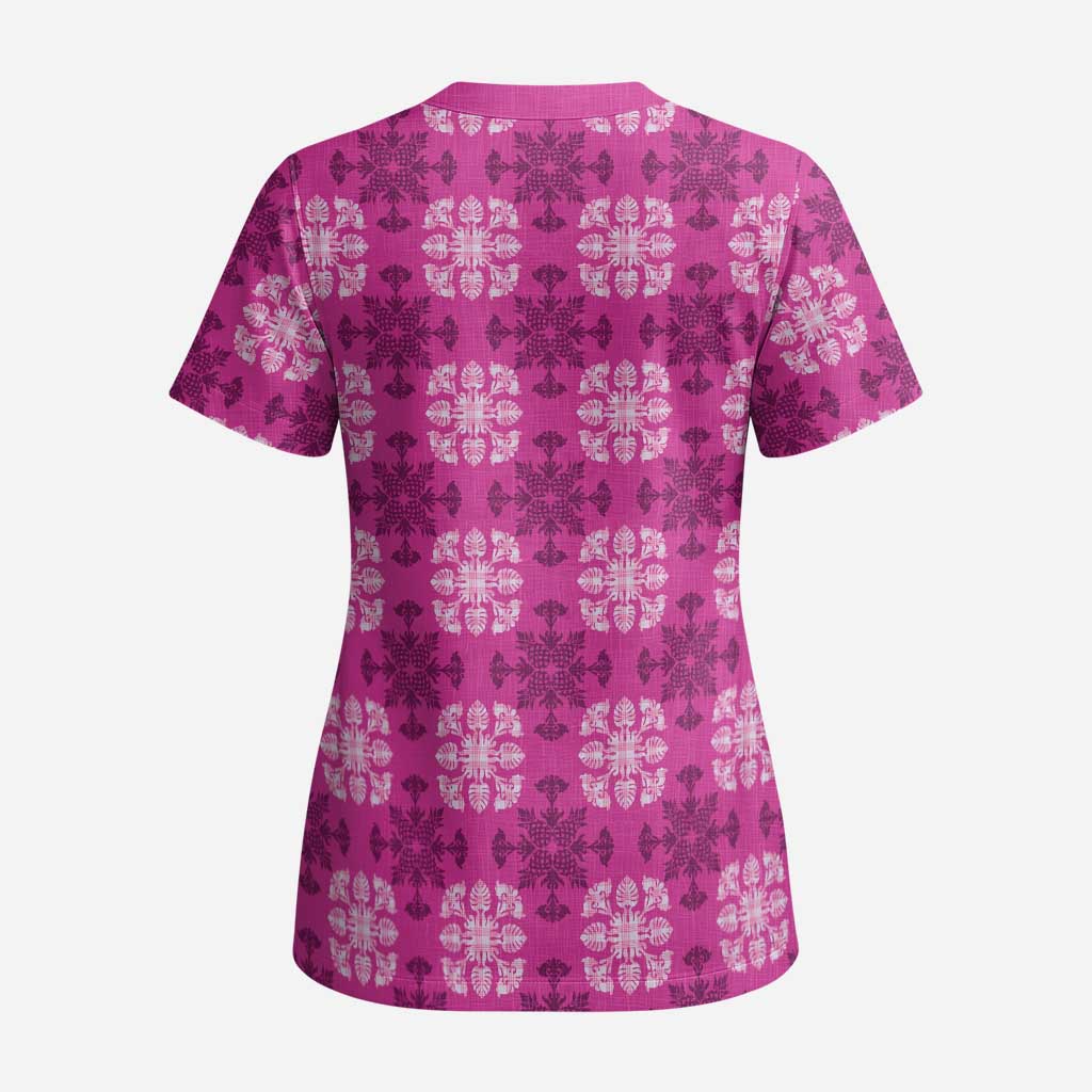 Pink Hawaiian Quilt Scrub Top Hawaii Pineapple Monstera Palaka Motifs - Polynesian Pride