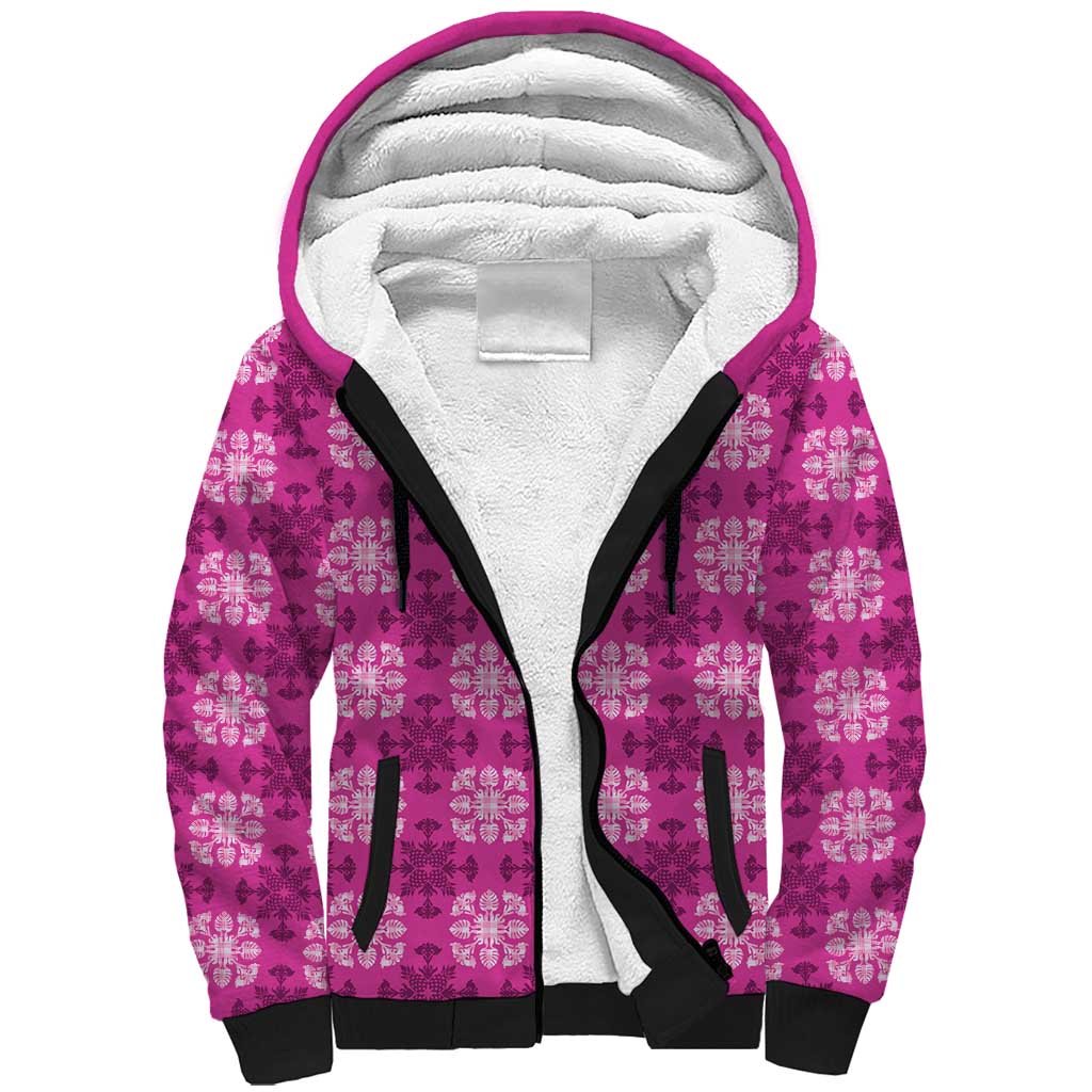 Pink Hawaiian Quilt Sherpa Hoodie Hawaii Pineapple Monstera Palaka Motifs - Polynesian Pride