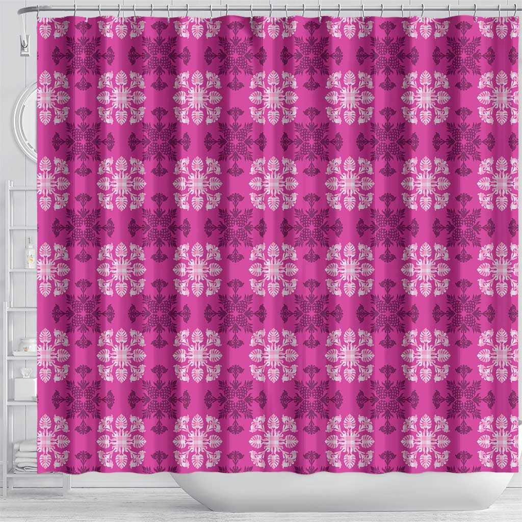Pink Hawaiian Quilt Shower Curtain Hawaii Pineapple Monstera Palaka Motifs - Polynesian Pride
