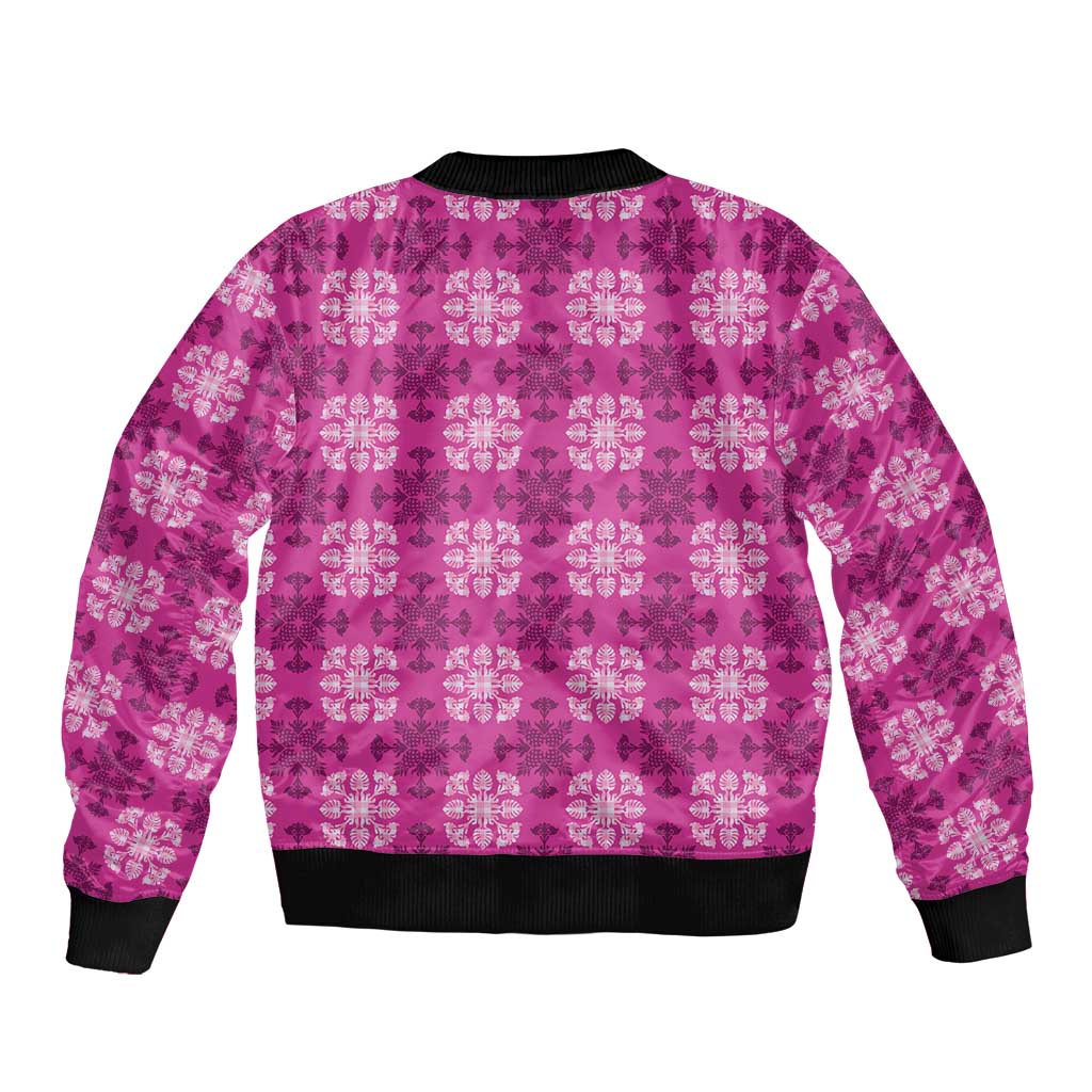 Pink Hawaiian Quilt Sleeve Zip Bomber Jacket Hawaii Pineapple Monstera Palaka Motifs - Polynesian Pride