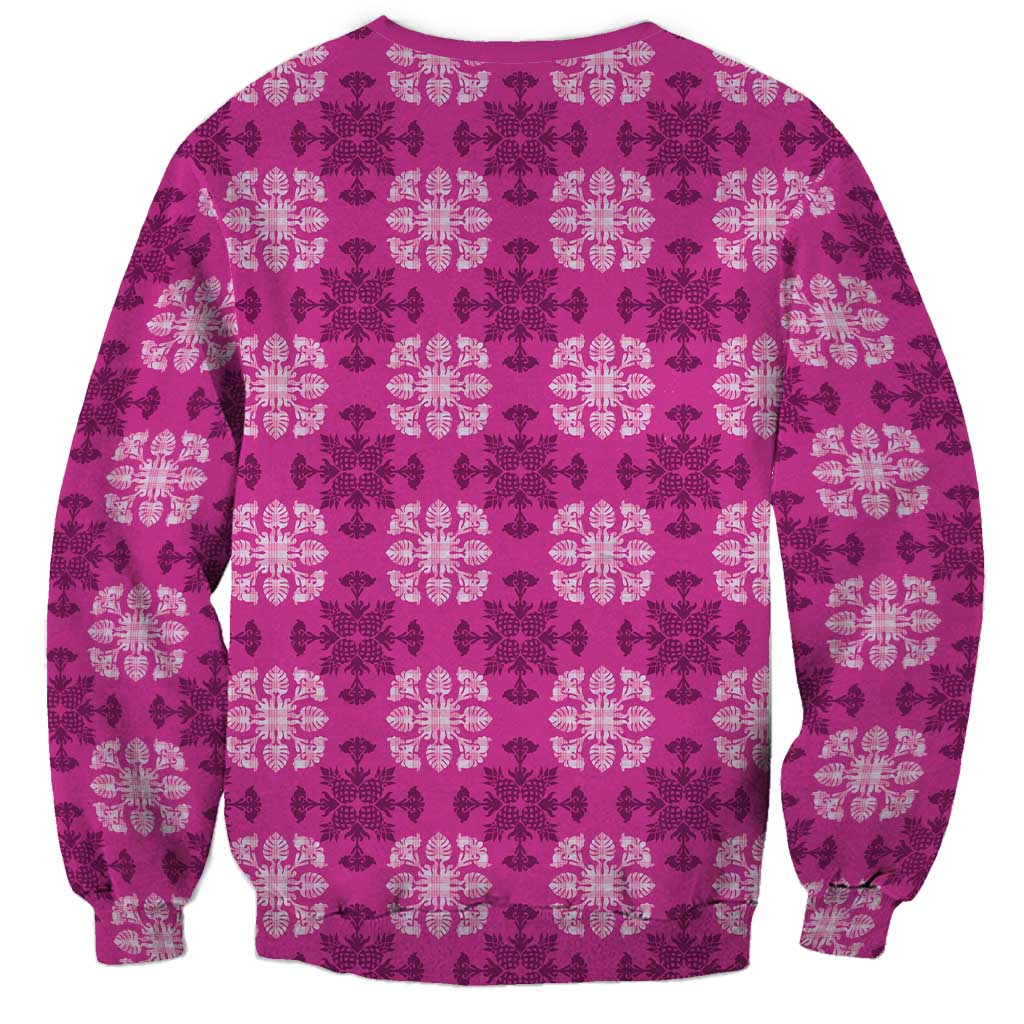 Pink Hawaiian Quilt Sweatshirt Hawaii Pineapple Monstera Palaka Motifs - Polynesian Pride