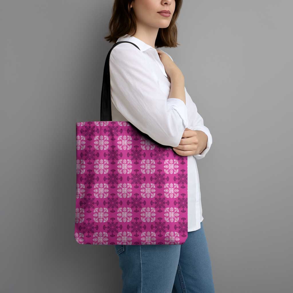 Pink Hawaiian Quilt Tote Bag Hawaii Pineapple Monstera Palaka Motifs - Polynesian Pride
