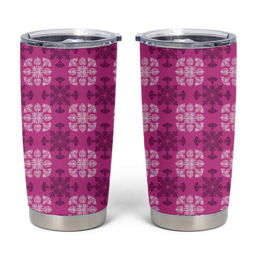 Pink Hawaiian Quilt Tumbler Cup Hawaii Pineapple Monstera Palaka Motifs - Polynesian Pride