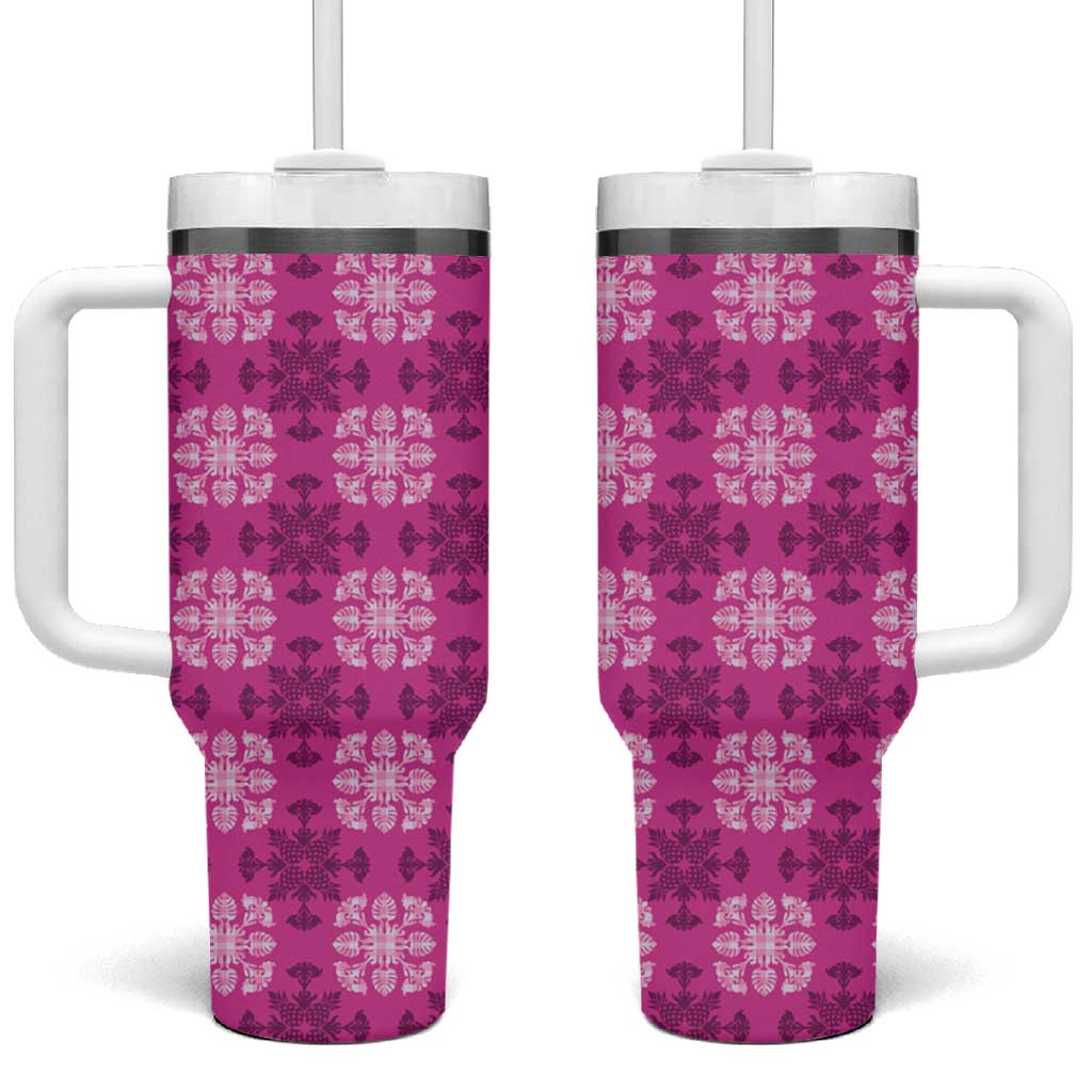 Pink Hawaiian Quilt Tumbler With Handle Hawaii Pineapple Monstera Palaka Motifs - Polynesian Pride