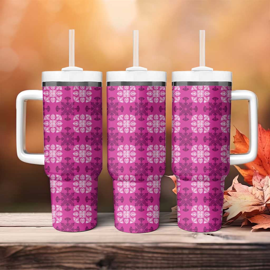 Pink Hawaiian Quilt Tumbler With Handle Hawaii Pineapple Monstera Palaka Motifs - Polynesian Pride
