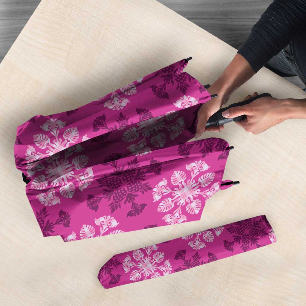 Pink Hawaiian Quilt Umbrella Hawaii Pineapple Monstera Palaka Motifs - Polynesian Pride