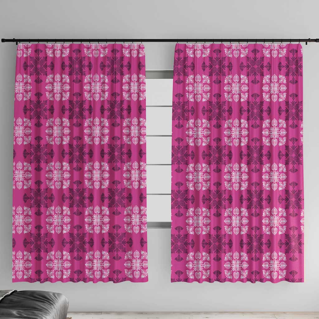 Pink Hawaiian Quilt Window Curtain Hawaii Pineapple Monstera Palaka Motifs - Polynesian Pride