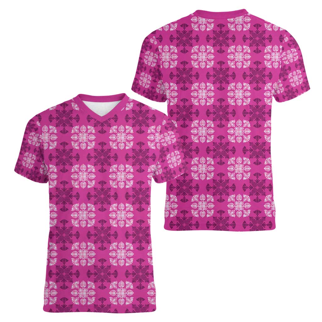 Pink Hawaiian Quilt Women V-Neck T-Shirt Hawaii Pineapple Monstera Palaka Motifs - Polynesian Pride