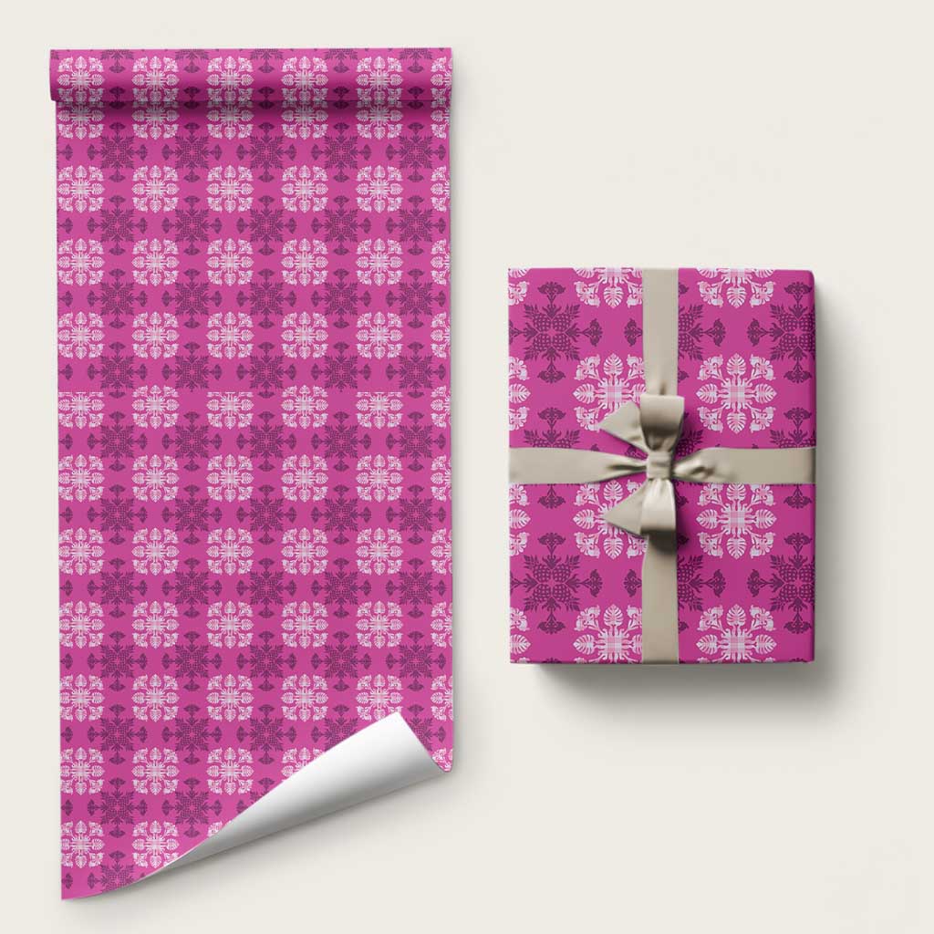 Pink Hawaiian Quilt Wrapping Paper Hawaii Pineapple Monstera Palaka Motifs - Polynesian Pride