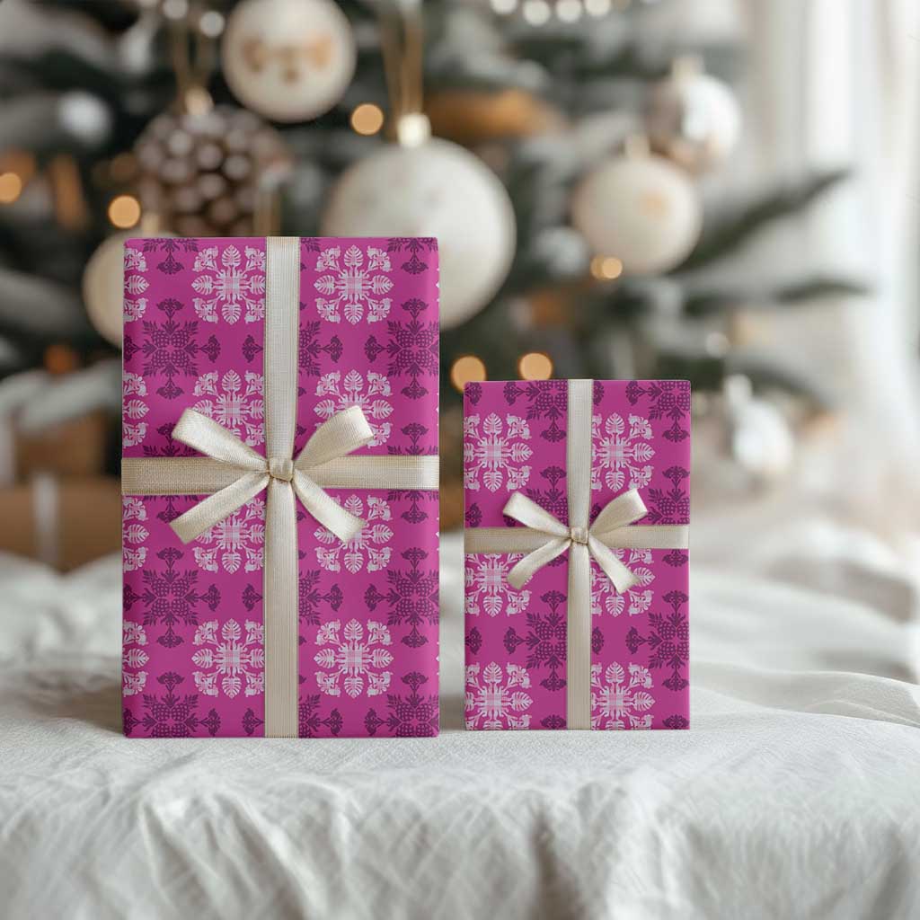 Pink Hawaiian Quilt Wrapping Paper Hawaii Pineapple Monstera Palaka Motifs - Polynesian Pride