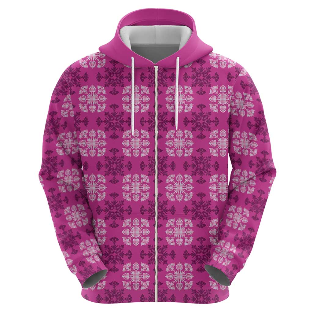 Pink Hawaiian Quilt Zip Hoodie Hawaii Pineapple Monstera Palaka Motifs - Polynesian Pride