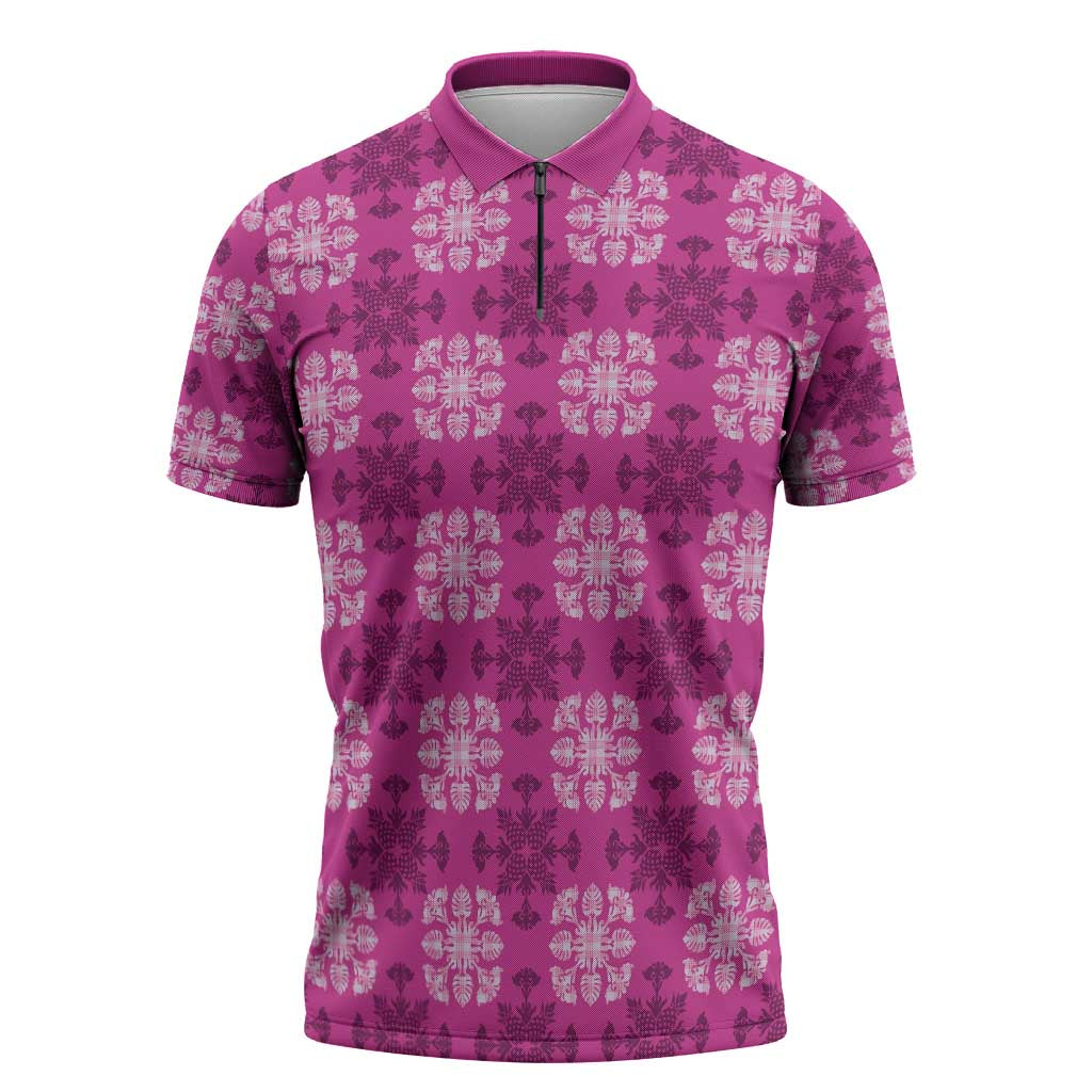Pink Hawaiian Quilt Zipper Polo Shirt Hawaii Pineapple Monstera Palaka Motifs - Polynesian Pride
