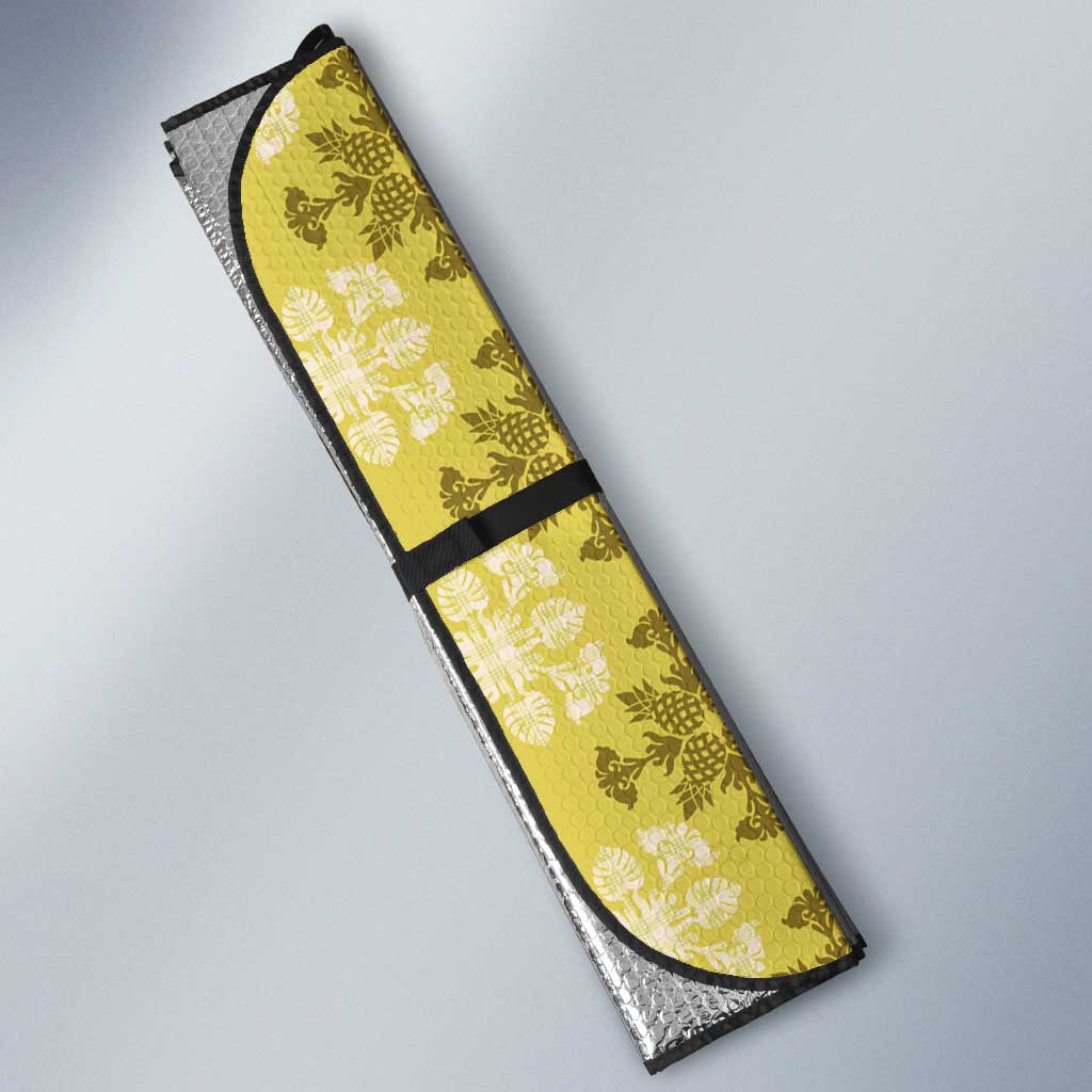 Yellow Hawaiian Quilt Auto Sun Shade Hawaii Pineapple Monstera Palaka Motifs - Polynesian Pride