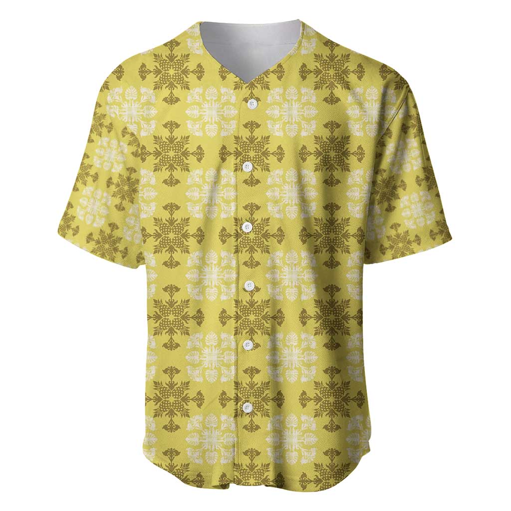 Yellow Hawaiian Quilt Baseball Jersey Hawaii Pineapple Monstera Palaka Motifs - Polynesian Pride