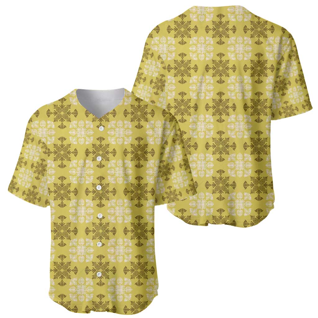 Yellow Hawaiian Quilt Baseball Jersey Hawaii Pineapple Monstera Palaka Motifs - Polynesian Pride