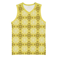 Yellow Hawaiian Quilt Basketball Jersey Hawaii Pineapple Monstera Palaka Motifs - Polynesian Pride
