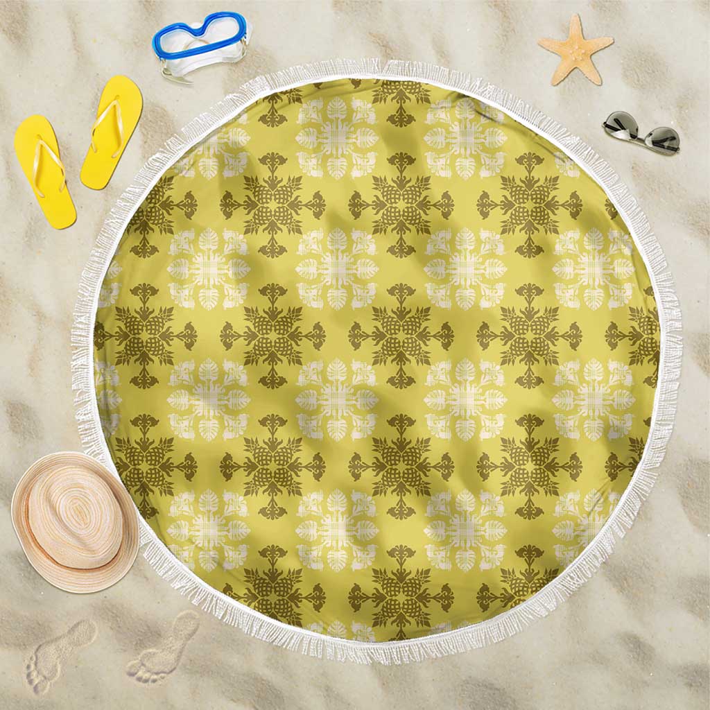 Yellow Hawaiian Quilt Beach Blanket Hawaii Pineapple Monstera Palaka Motifs - Polynesian Pride