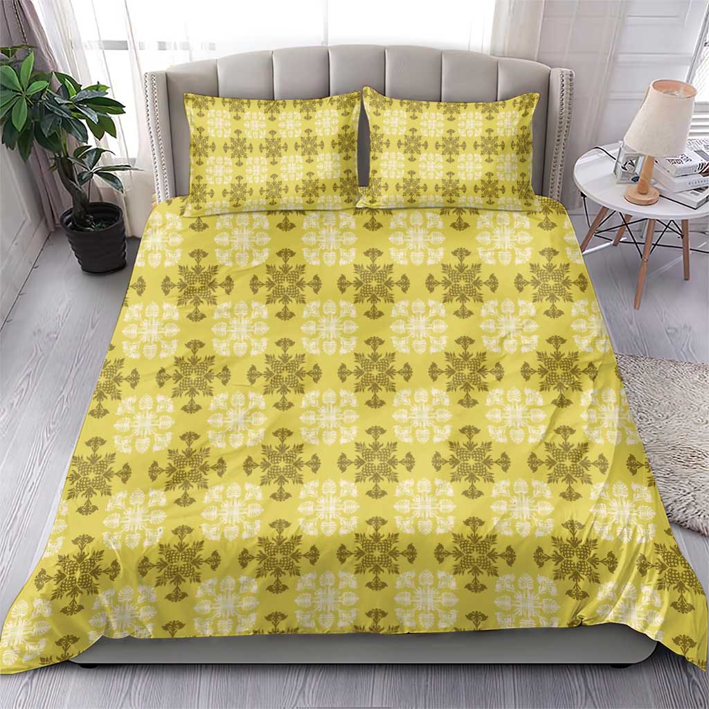 Yellow Hawaiian Quilt Bedding Set Hawaii Pineapple Monstera Palaka Motifs - Polynesian Pride