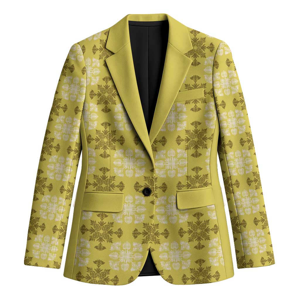 Yellow Hawaiian Quilt Blazer Hawaii Pineapple Monstera Palaka Motifs - Polynesian Pride