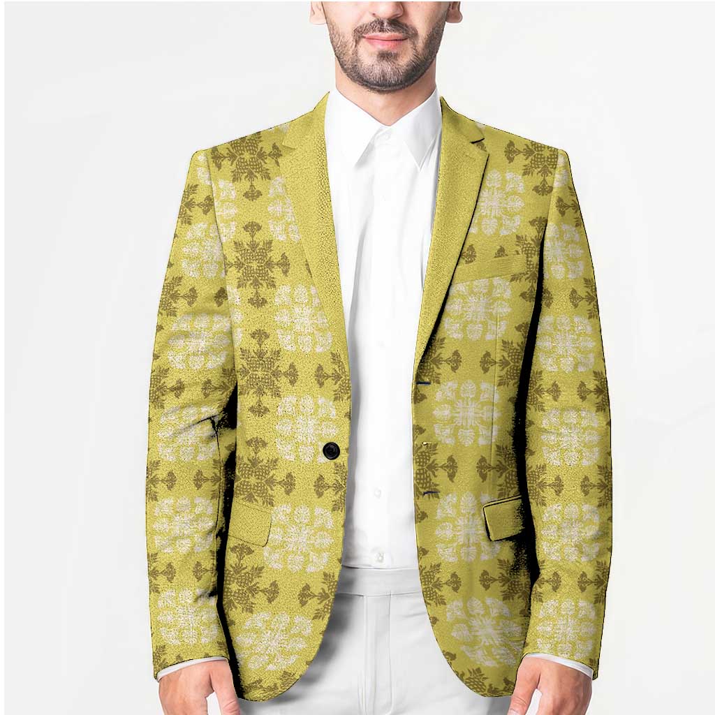 Yellow Hawaiian Quilt Blazer Hawaii Pineapple Monstera Palaka Motifs - Polynesian Pride