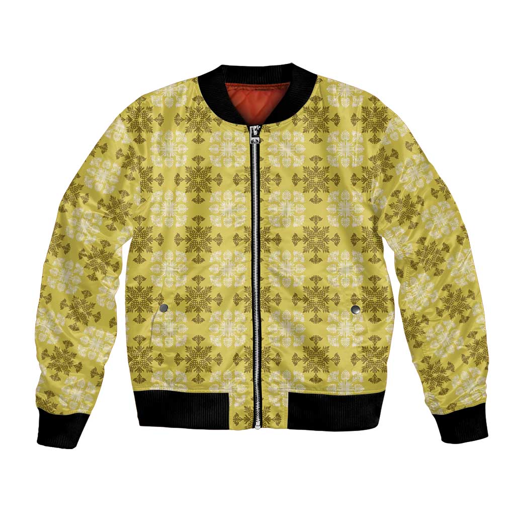 Yellow Hawaiian Quilt Bomber Jacket Hawaii Pineapple Monstera Palaka Motifs - Polynesian Pride