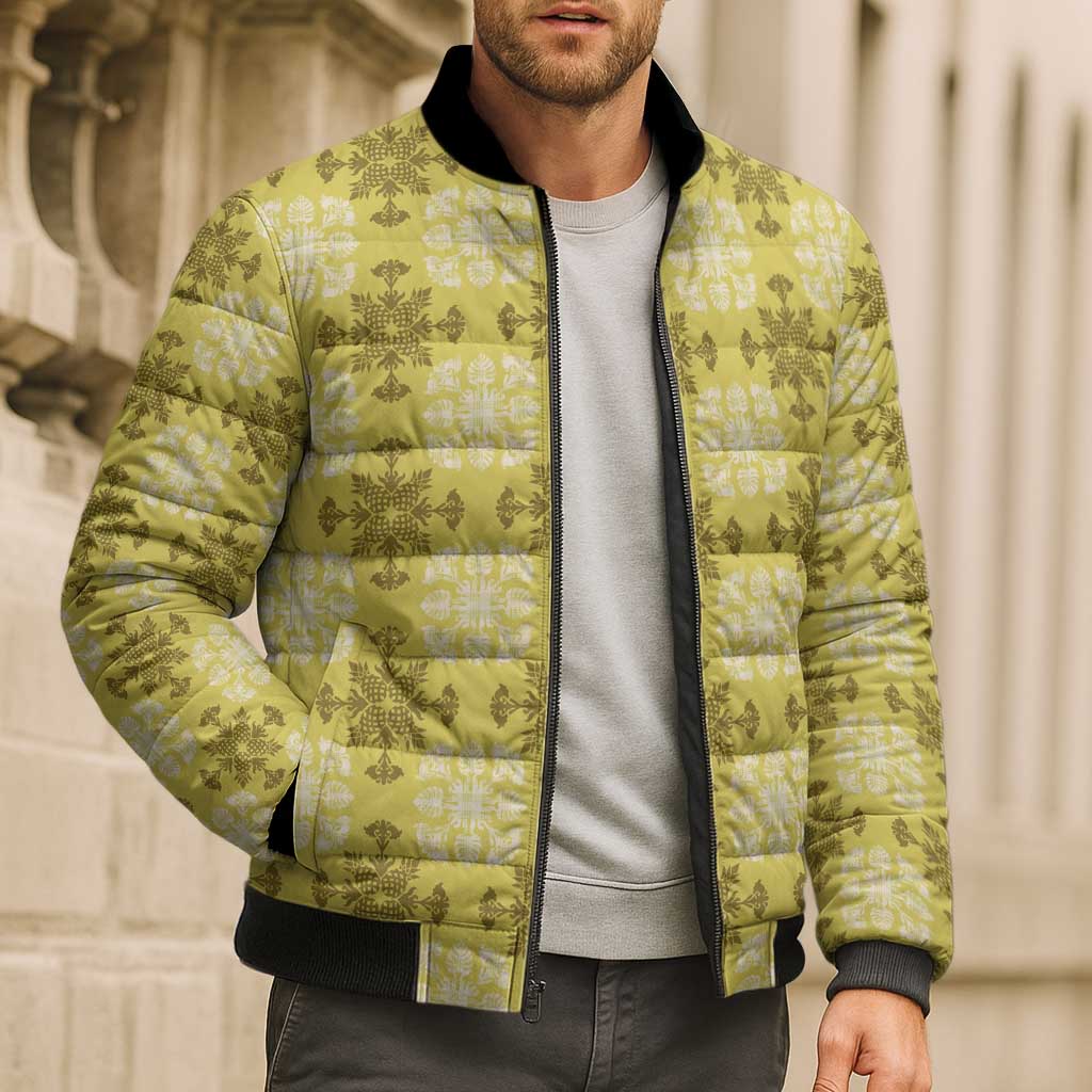 Yellow Hawaiian Quilt Bomber Puffer Jacket Hawaii Pineapple Monstera Palaka Motifs - Polynesian Pride