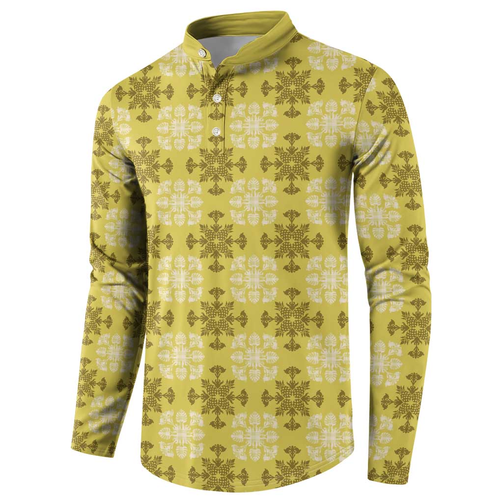 Yellow Hawaiian Quilt Button Sweatshirt Hawaii Pineapple Monstera Palaka Motifs - Polynesian Pride