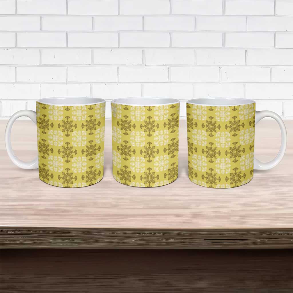 Yellow Hawaiian Quilt Ceramic Mug Hawaii Pineapple Monstera Palaka Motifs - Polynesian Pride
