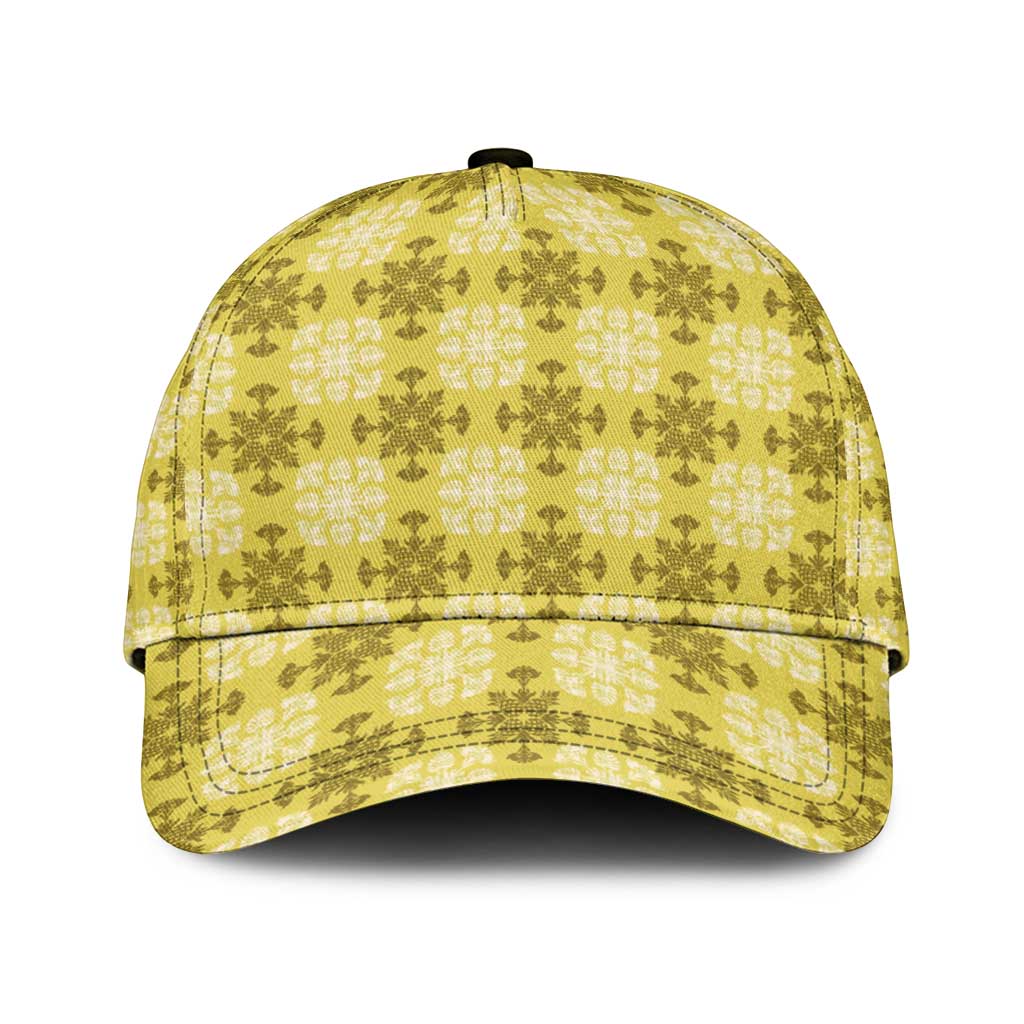 Yellow Hawaiian Quilt Classic Cap Hawaii Pineapple Monstera Palaka Motifs - Polynesian Pride