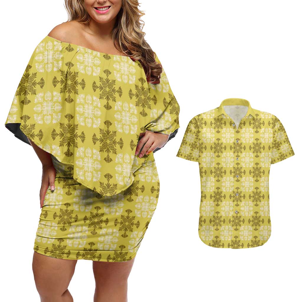 Yellow Hawaiian Quilt Couples Matching Off Shoulder Short Dress and Hawaiian Shirt Hawaii Pineapple Monstera Palaka Motifs - Polynesian Pride
