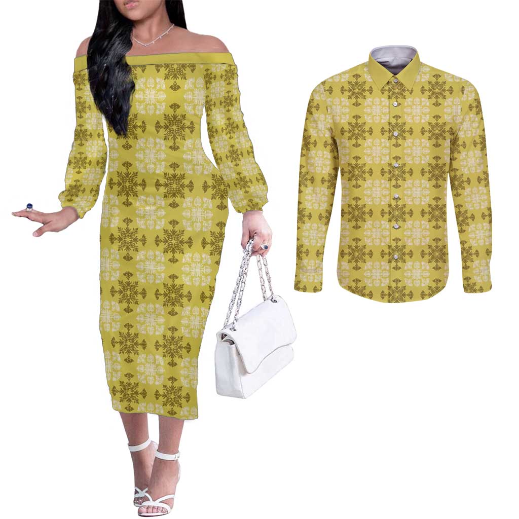 Yellow Hawaiian Quilt Couples Matching Off The Shoulder Long Sleeve Dress and Long Sleeve Button Shirt Hawaii Pineapple Monstera Palaka Motifs - Polynesian Pride