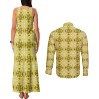 Yellow Hawaiian Quilt Couples Matching Tank Maxi Dress and Long Sleeve Button Shirt Hawaii Pineapple Monstera Palaka Motifs - Polynesian Pride