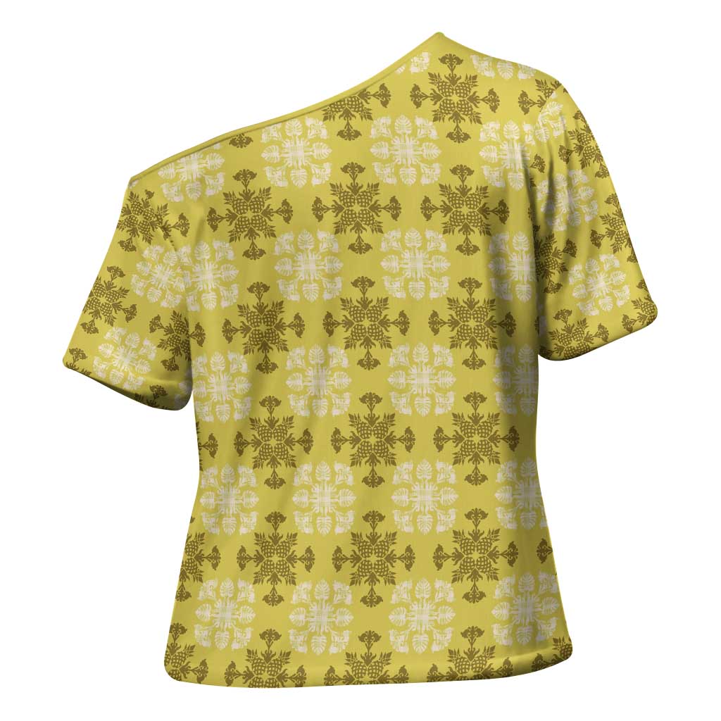 Yellow Hawaiian Quilt Cross Shoulder Shirt Hawaii Pineapple Monstera Palaka Motifs - Polynesian Pride
