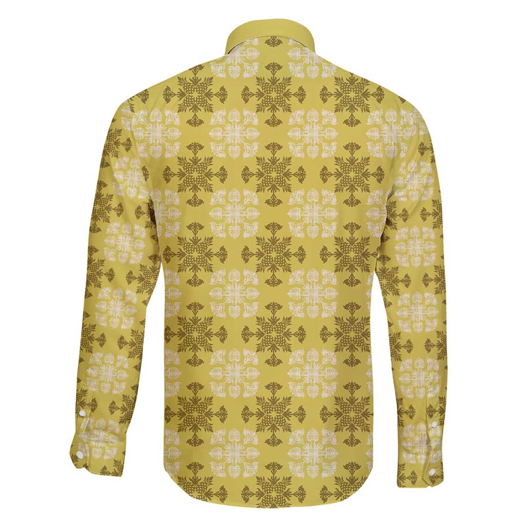 Yellow Hawaiian Quilt Family Matching Long Sleeve Bodycon Dress and Hawaiian Shirt Hawaii Pineapple Monstera Palaka Motifs - Polynesian Pride