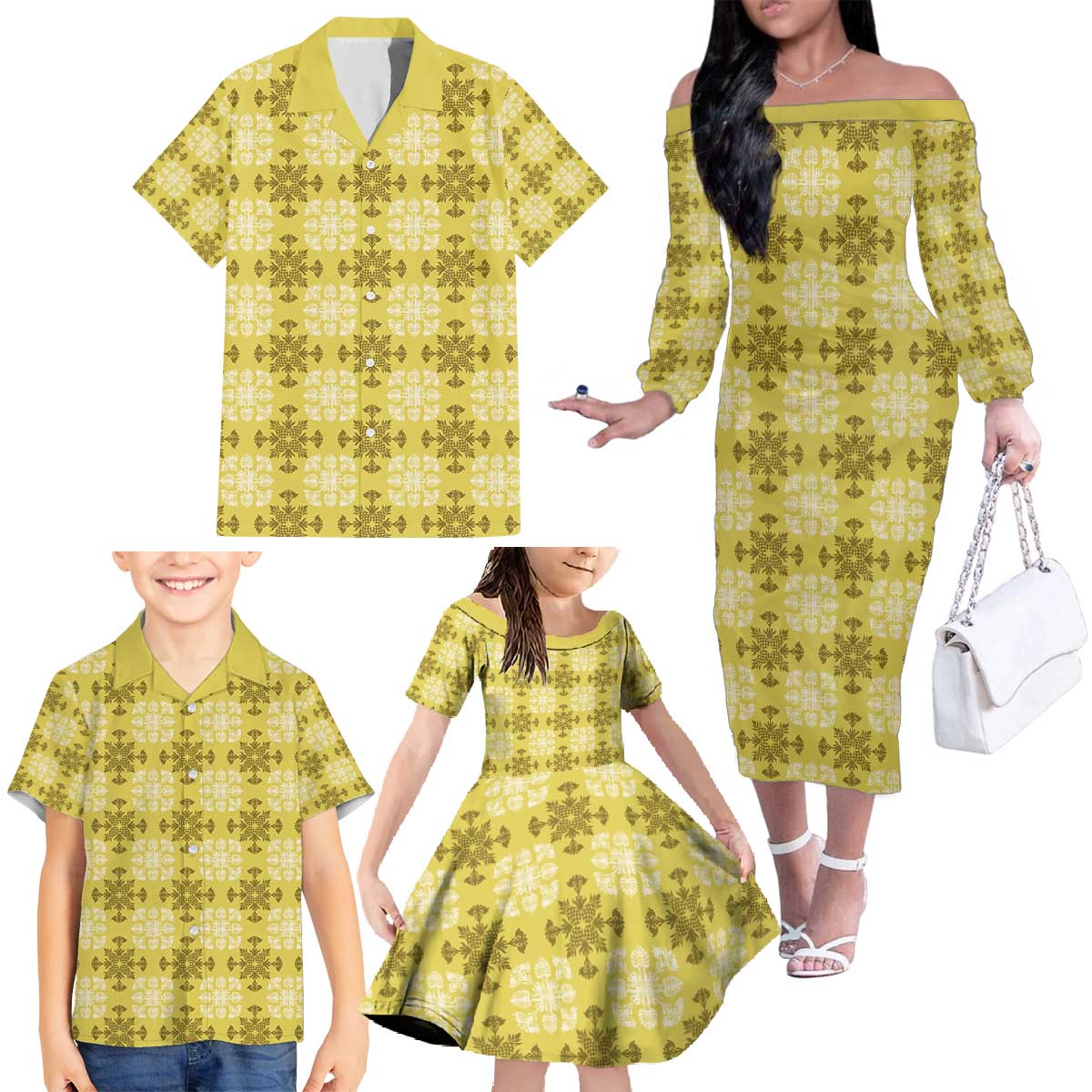 Yellow Hawaiian Quilt Family Matching Off The Shoulder Long Sleeve Dress and Hawaiian Shirt Hawaii Pineapple Monstera Palaka Motifs - Polynesian Pride
