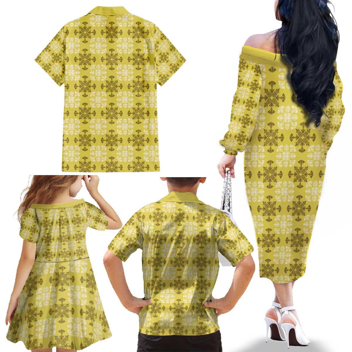 Yellow Hawaiian Quilt Family Matching Off The Shoulder Long Sleeve Dress and Hawaiian Shirt Hawaii Pineapple Monstera Palaka Motifs - Polynesian Pride
