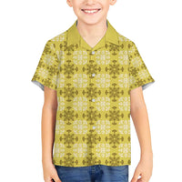 Yellow Hawaiian Quilt Family Matching Short Sleeve Bodycon Dress and Hawaiian Shirt Hawaii Pineapple Monstera Palaka Motifs - Polynesian Pride